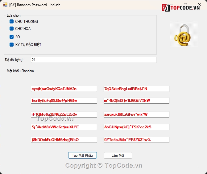 [Sharecode] Tools tạo mật khẩu ngẫu nhiên hàng loạ,Tools tạo pass hàng loạt,Tools tạo mật khẩu ngẫu nhiên